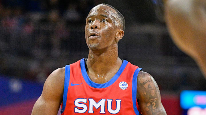 Jan 3, 2026; Dallas, Texas, USA; SMU Mustangs guard Boopie Miller (2) attempts a foul shot against the North Carolina Tar Heels during the second half at Moody Coliseum. Mandatory Credit: Jerome Miron-Imagn Images