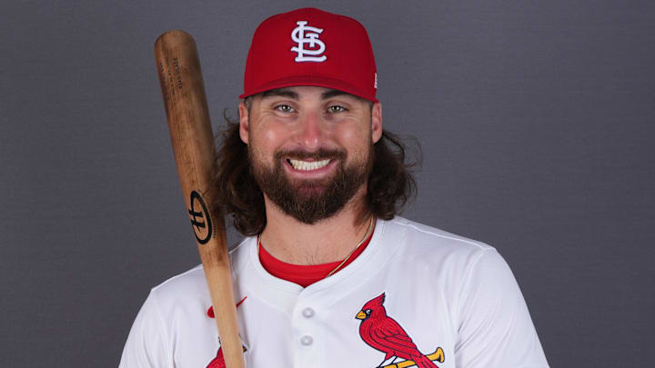 Feb 20, 2025; Jupiter, FL, USA;  St. Louis Cardinals infielder Ryan Vilade (70) poses for a photo during media day at Clover Park. Mandatory Credit: Jim Rassol-Imagn Images