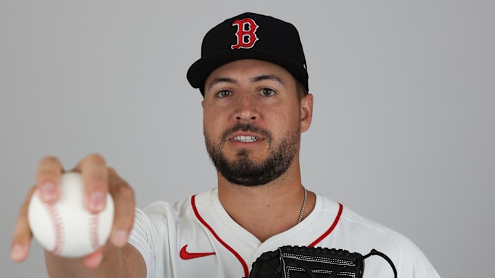 Feb 18, 2025; Lee County, FL, USA; Boston Red Sox pitcher Brian Van Belle (77) participates in media day at JetBlue Park at Fenway South. Mandatory Credit: Nathan Ray Seebeck-Imagn Images