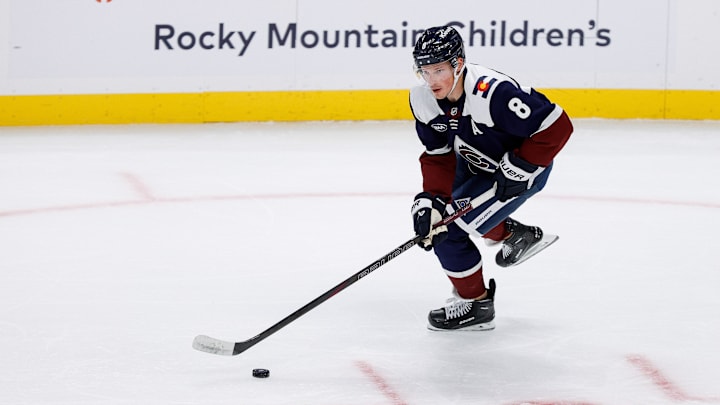 Oct 28, 2024; Denver, Colorado, USA; Colorado Avalanche defenseman Cale Makar (8) controls the puck in the first period against the Chicago Blackhawks at Ball Arena. Mandatory Credit: Isaiah J. Downing-Imagn Images Oct 28, 2024; Denver, Colorado, USA; Colorado Avalanche defenseman Cale Makar (8) controls the puck in the first period against the Chicago Blackhawks at Ball Arena. Mandatory Credit: Isaiah J. Downing-Imagn Images