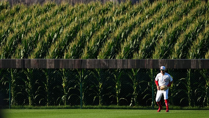Cincinnati Reds right fielder Albert Almora Jr. (3) gets set defensively as a pitch is thrown in the first inning of a baseball game against the Chicago Cubs, Thursday, Aug. 11, 2022, at the MLB Field of Dreams stadium in Dyersville, Iowa.

Mlb Field Of Dreams Game Cincinnati Reds At Chicago Cubs Aug 11 2899
