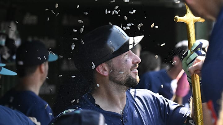 Seattle Mariners catcher Cal Raleigh celebrates after hitting a home run against the Chicago Cubs on June 20 at Wrigley Field.