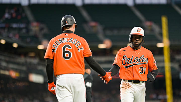 Apr 8, 2023; Baltimore, Maryland, USA; Baltimore Orioles center fielder Cedric Mullins (31) celebrates with first baseman Ryan Mountcastle (6) after scoring during the first inning against the New York Yankees at Oriole Park at Camden Yards. Apr 8, 2023; Baltimore, Maryland, USA; Baltimore Orioles center fielder Cedric Mullins (31) celebrates with first baseman Ryan Mountcastle (6) after scoring during the first inning against the New York Yankees at Oriole Park at Camden Yards.
