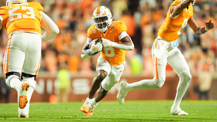 Tennessee running back Dylan Sampson (6) runs with the ball during a college football game between Tennessee and Mississippi State at Neyland Stadium in Knoxville, Tenn., on Saturday, Nov. 9, 2024.