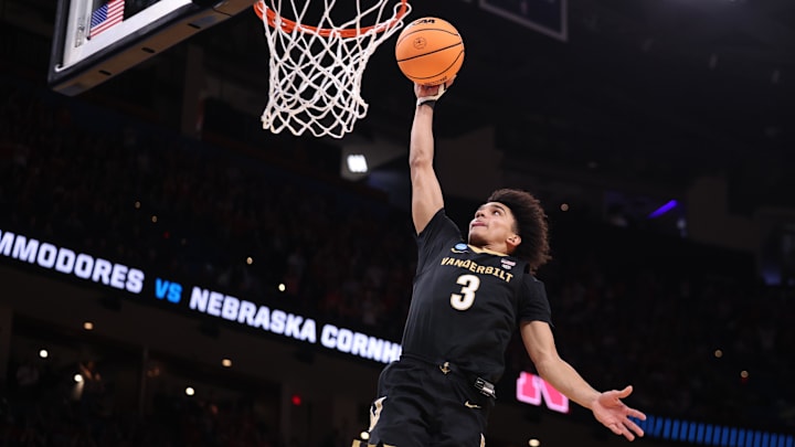 Mar 21, 2026; Oklahoma City, OK, USA; Vanderbilt Commodores guard Tyler Tanner (3) dunks during the first half against the Nebraska Cornhuskers in a second round game of the men's 2026 NCAA Tournament at Paycom Center. Mandatory Credit: William Purnell-Imagn Images Mar 21, 2026; Oklahoma City, OK, USA; Vanderbilt Commodores guard Tyler Tanner (3) dunks during the first half against the Nebraska Cornhuskers in a second round game of the men's 2026 NCAA Tournament at Paycom Center. Mandatory Credit: William Purnell-Imagn Images