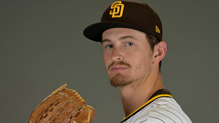 Feb 20, 2024; Peoria, AZ, USA;  San Diego Padres pitcher Adam Mazur (91) during media photo day at the Peoria Sports Complex. Mandatory Credit: Jayne Kamin-Oncea-USA TODAY Sports