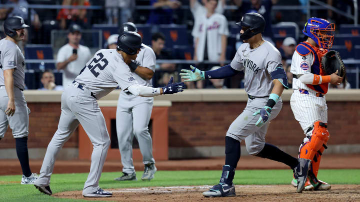 Jun 25, 2024; New York City, New York, USA; New York Yankees center fielder Aaron Judge (99) celebrates his grand slam home run against the New York Mets with right fielder Juan Soto (22) during the eighth inning at Citi Field. Mandatory Credit: Brad Penner-USA TODAY Sports