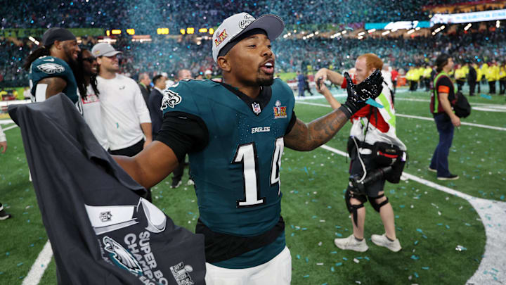 Feb 9, 2025; New Orleans, LA, USA; Philadelphia Eagles running back Kenneth Gainwell (14) celebrates after winning Super Bowl LIX against the Kansas City Chiefs at Caesars Superdome. Mandatory Credit: Geoff Burke-Imagn Images