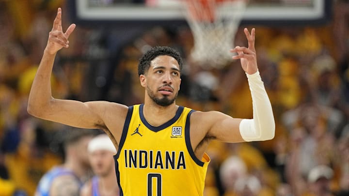 Jun 19, 2025; Indianapolis, Indiana, USA; Indiana Pacers guard Tyrese Haliburton (0) reacts after a play against the Oklahoma City Thunder during the first half of game six of the 2025 NBA Finals between the Oklahoma City Thunder and the Indiana Pacers at Gainbridge Fieldhouse. Mandatory Credit: Kyle Terada-Imagn Images