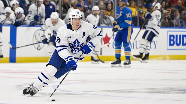 Nov 2, 2024; St. Louis, Missouri, USA; Toronto Maple Leafs right wing Mitch Marner (16) controls the puck against the St. Louis Blues during the first period at Enterprise Center. Mandatory Credit: Jeff Curry-Imagn Images Nov 2, 2024; St. Louis, Missouri, USA; Toronto Maple Leafs right wing Mitch Marner (16) controls the puck against the St. Louis Blues during the first period at Enterprise Center. Mandatory Credit: Jeff Curry-Imagn Images