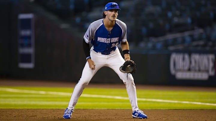 Aug 28, 2022; Phoenix, Arizona, US; East infielder Bryce Eldridge (38) during the Perfect Game All-American Classic high school baseball game at Chase Field. Mandatory Credit: Mark J. Rebilas-Imagn Images