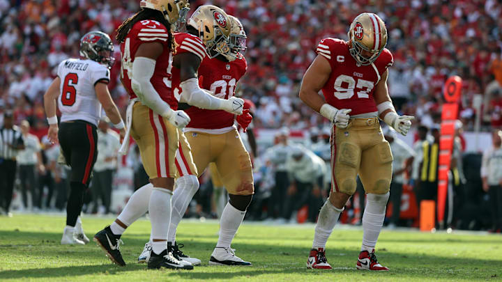Nov 10, 2024; Tampa, Florida, USA; San Francisco 49ers defensive end Nick Bosa (97) celebrates after he sacks Tampa Bay Buccaneers quarterback Baker Mayfield (6) (not pictured) during the second half at Raymond James Stadium. Mandatory Credit: Kim Klement Neitzel-Imagn Images