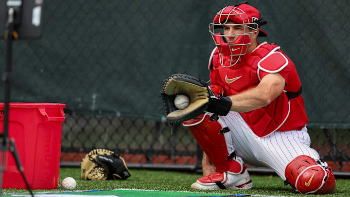 Feb 16, 2025; Clearwater, FL, USA; Philadelphia Phillies catcher J.T. Realmuto (10) participates in spring training workouts at BayCare Ballpark.