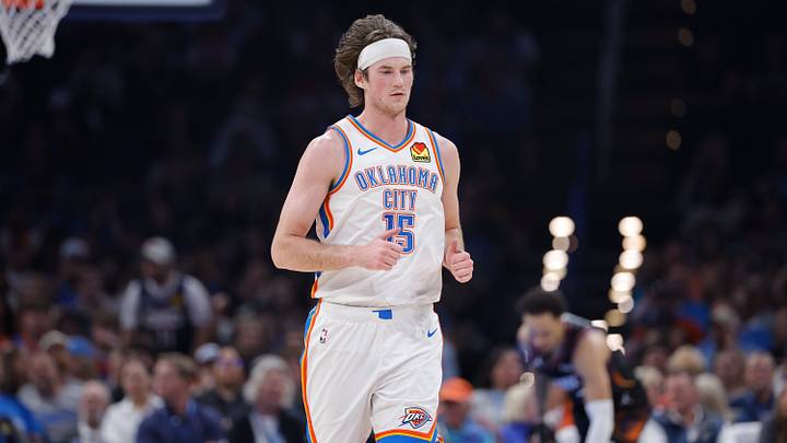 Apr 12, 2026; Oklahoma City, Oklahoma, USA; Oklahoma City Thunder center Branden Carlson (15) runs down the court during a game against the Phoenix Suns at Paycom Center.