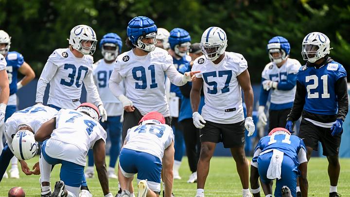 Jun 9, 2026; Indianapolis, IN, USA; Indianapolis Colts defensive end JT Tuimoloau (91) participates in a drill during minicamp at Indiana Farm Bureau Football Center. Mandatory Credit: Robert Goddin-Imagn Images Jun 9, 2026; Indianapolis, IN, USA; Indianapolis Colts defensive end JT Tuimoloau (91) participates in a drill during minicamp at Indiana Farm Bureau Football Center. Mandatory Credit: Robert Goddin-Imagn Images