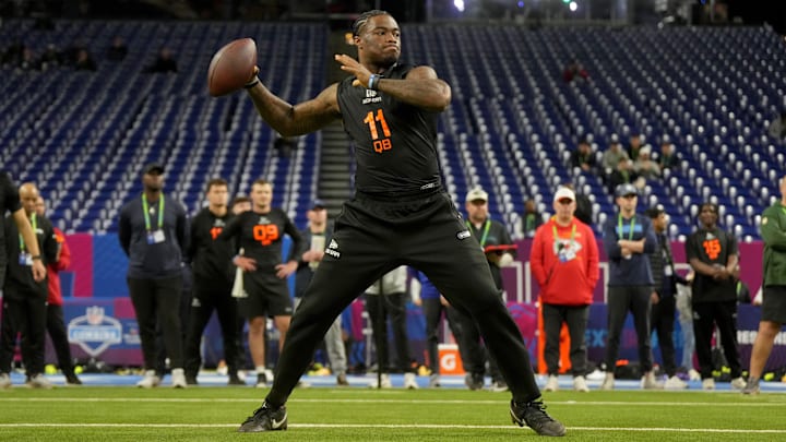 Alabama quarterback Jalen Milroe during the 2025 NFL Combine at Lucas Oil Stadium.