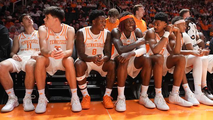 From left, Tennessee players Gavin Paull (11), Campbell Duncan (21), Marquis Clark (8), Christian Fermin (12), Chris Washington Jr. (33) and Miles Rubin (25) watch the college basketball exhibition game against Xavier on Oct. 15, 2026, in Knoxville, Tennessee. From left, Tennessee players Gavin Paull (11), Campbell Duncan (21), Marquis Clark (8), Christian Fermin (12), Chris Washington Jr. (33) and Miles Rubin (25) watch the college basketball exhibition game against Xavier on Oct. 15, 2026, in Knoxville, Tennessee.