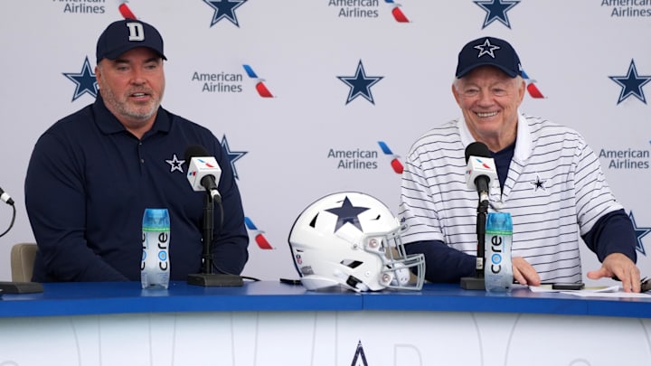 Jul 26, 2022; Oxnard, CA, USA; Dallas Cowboys coach Mike McCarthy (left) and owner Jerry Jones at training camp press conference at the River Ridge Fields.  Mandatory Credit: Kirby Lee-Imagn Images