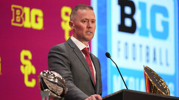 Jul 24, 2025; Las Vegas, NV, USA; USC head coach Lincoln Riley speaks to the media during the Big Ten NCAA college football media days at Mandalay Bay Resort. Mandatory Credit: Lucas Peltier-Imagn Images