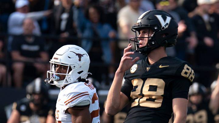 Vanderbilt Commodores place kicker Brock Taylor (88) connects on the extra point during the first half of their game against the Texas Longhorns at FirstBank Stadium in Nashville, Tenn., Sunday, Oct. 27, 2024. Vanderbilt Commodores place kicker Brock Taylor (88) connects on the extra point during the first half of their game against the Texas Longhorns at FirstBank Stadium in Nashville, Tenn., Sunday, Oct. 27, 2024.
