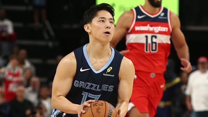 Memphis Grizzlies guard Yuki Kawamura shoots a three-pointer during the second half of a game against the Washington Wizards at FedExForum on November 8, 2024. 