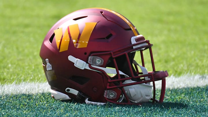 Oct 1, 2023; Philadelphia, Pennsylvania, USA; Washington Commanders helmet on the field during warmups against the Philadelphia Eagles at Lincoln Financial Field. Mandatory Credit: Eric Hartline-Imagn Images