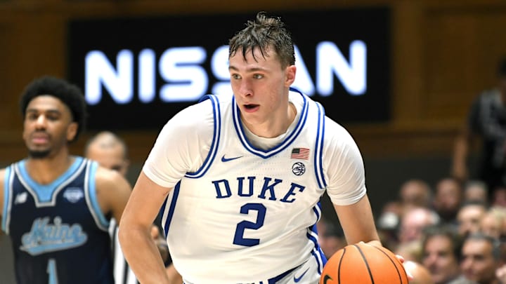 Nov 4, 2024; Durham, North Carolina, USA; Duke Blue Devils guard Cooper Flagg (2) dribbles the ball down the court during the second half against the Maine Black Bears at Cameron Indoor Stadium. Mandatory Credit: Zachary Taft-Imagn Images