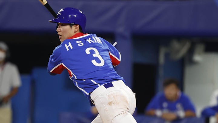 South Korea infielder Hye-Seong Kim hits a single during the 2020 Tokyo Olympics on Aug. 5, 2021, at Yokohama Baseball Stadium.