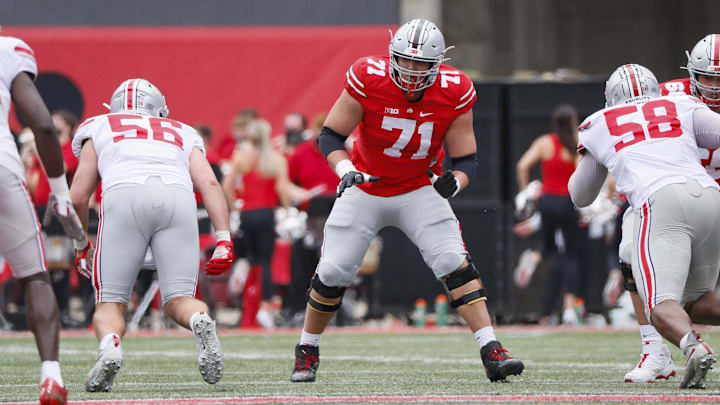 Team Brutus offensive tackle Ben Christman (71) during the Ohio State Buckeyes football spring game at Ohio Stadium in Columbus on Saturday, April 17, 2021.