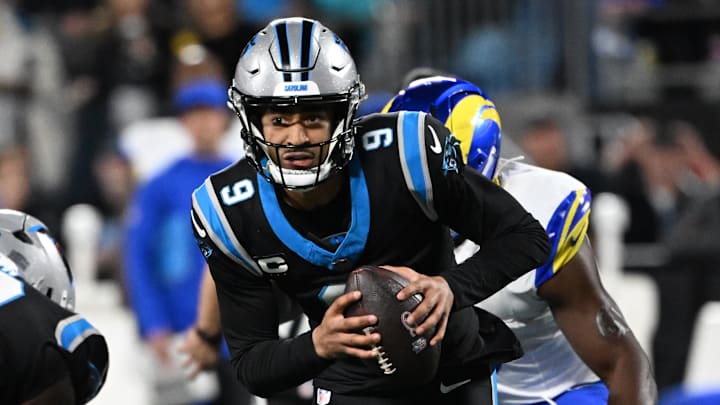 Jan 10, 2026; Charlotte, NC, USA; Carolina Panthers quarterback Bryce Young (9) runs in the second quarter in an NFC Wild Card Round game at Bank of America Stadium. Mandatory Credit: Bob Donnan-Imagn Images