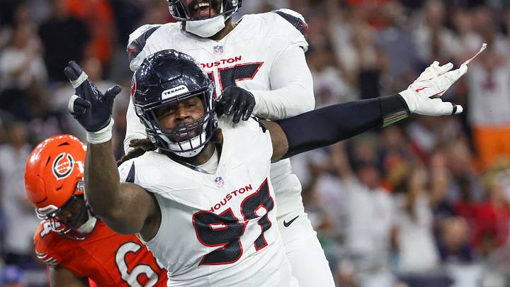 Sep 15, 2024; Houston, Texas, USA; Houston Texans defensive end Mario Edwards Jr. (97) reacts after sacking Chicago Bears quarterback Caleb Williams (18) (not pictured) Sep 15, 2024; Houston, Texas, USA; Houston Texans defensive end Mario Edwards Jr. (97) reacts after sacking Chicago Bears quarterback Caleb Williams (18) (not pictured)