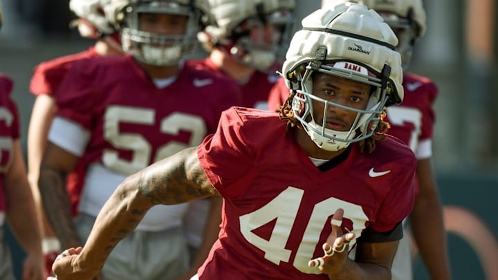 Mar 6, 2024; Tuscaloosa, Alabama, USA; Linebacker Sterling Dixon does a drill during practice for the Alabama Crimson Tide football team Wednesday.