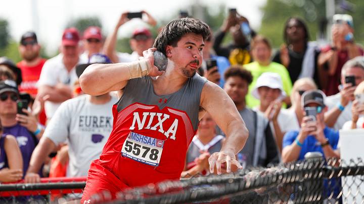 Nixa junior Jackson Cantwell throws a shot put as he competes in Saturday's MSHSAA state championships at Jefferson City High School.
