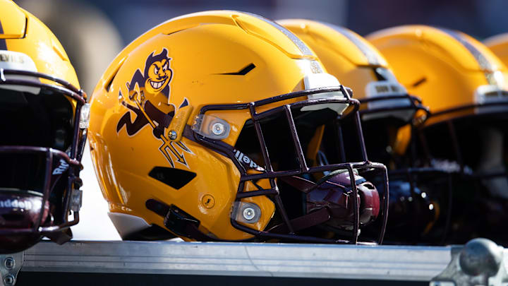 Nov 30, 2024; Tucson, Arizona, USA; Detailed view of an Arizona State Sun Devils helmet during the Territorial Cup at Arizona Stadium. Mandatory Credit: Mark J. Rebilas-Imagn Images