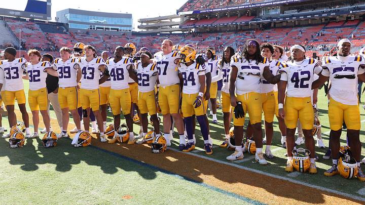 Oct 24, 2026; Auburn, Alabama, USA;  Members of the LSU Tigers line up after a game against the Auburn Tigers  at Jordan-Hare Stadium.  Mandatory Credit: John Reed-Imagn Images