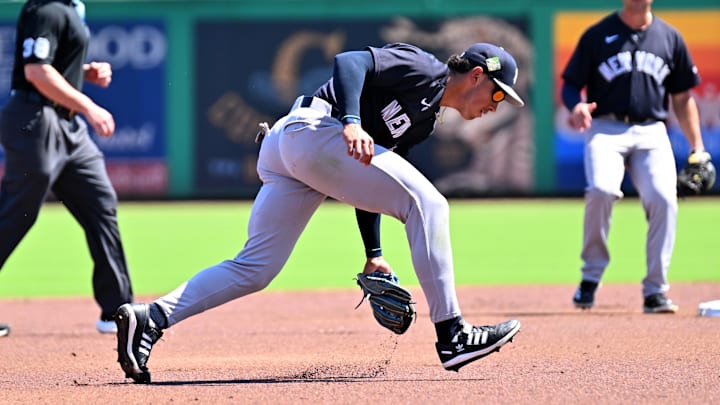 Mar 10, 2026; Clearwater, Florida, USA; New York Yankees shortstop George Lombard Jr. (96) fields a ground ball in the first inning against the Philadelphia Phillies during spring training at BayCare Ballpark. Mandatory Credit: Jonathan Dyer-Imagn Images