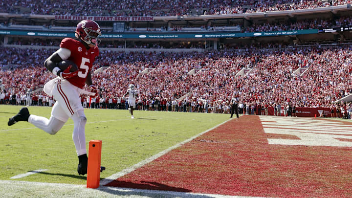 Oct 12, 2024; Tuscaloosa, Alabama, USA;  Alabama Crimson Tide wide receiver Germie Bernard (5) walks into the end zone after a reception during the second half against the South Carolina Gamecocks at Bryant-Denny Stadium. Mandatory Credit: Butch Dill-Imagn Images
