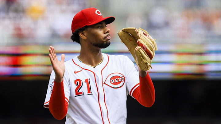 Apr 13, 2025; Cincinnati, Ohio, USA; Cincinnati Reds starting pitcher Hunter Greene (21) reacts after a play in the seventh inning against the Pittsburgh Pirates at Great American Ball Park. Mandatory Credit: Katie Stratman-Imagn Images