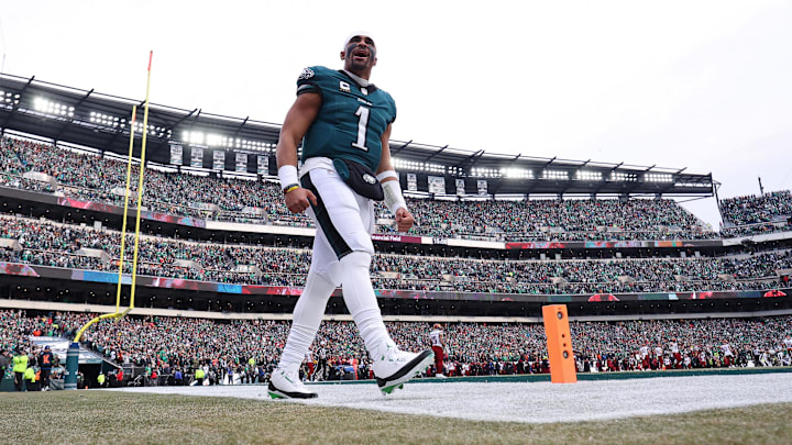 Jan 26, 2025; Philadelphia, PA, USA; Philadelphia Eagles quarterback Jalen Hurts (1) reacts during warmups before the NFC Championship game at Lincoln Financial Field. 