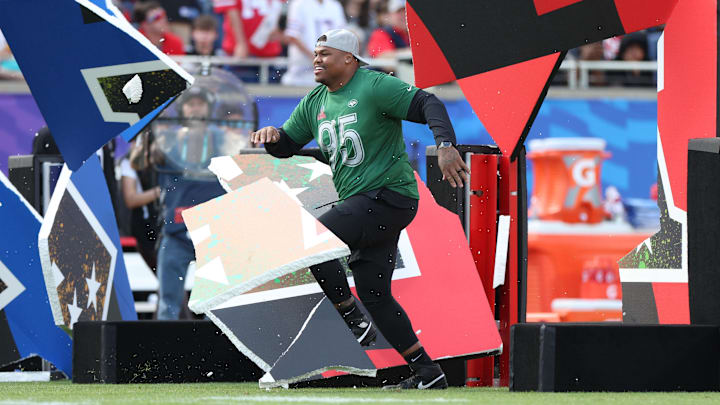 Feb 4, 2024; Orlando, FL, USA; AFC defensive tackle Quinnen Williams (95) of the New York Jets during the 2024 Pro Bowl at Camping World Stadium. Mandatory Credit: Nathan Ray Seebeck-Imagn Images Feb 4, 2024; Orlando, FL, USA; AFC defensive tackle Quinnen Williams (95) of the New York Jets during the 2024 Pro Bowl at Camping World Stadium. Mandatory Credit: Nathan Ray Seebeck-Imagn Images