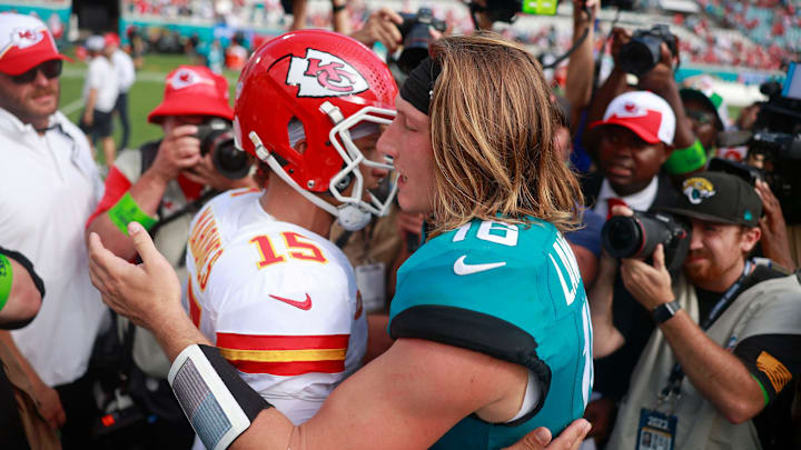 Jacksonville Jaguars quarterback Trevor Lawrence (16), right, congratulates Kansas City Chiefs quarterback Patrick Mahomes (15) after a NFL football game Sunday, Sept. 17, 2023 at EverBank Stadium in Jacksonville, Fla. The Kansas City Chiefs defeated the Jacksonville Jaguars 17-9.