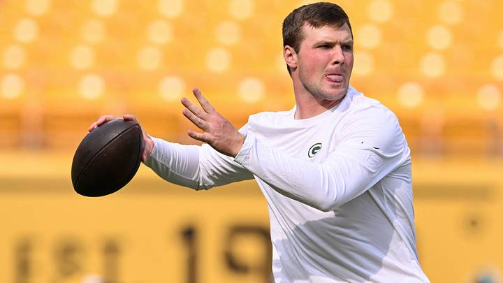 Green Bay Packers quarterback Kyle McCord  warms up for a pre-season game against the Pittsburgh Steelers at Acrisure Stadium this summer.