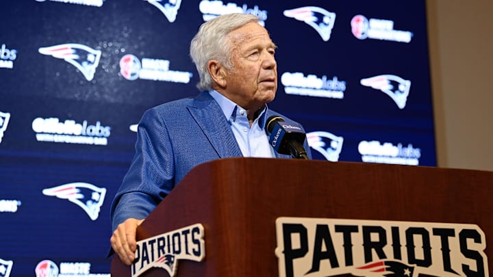 Jan 11, 2024; Foxborough, MA, USA; New England Patriots owner Robert Kraft holds a press conference