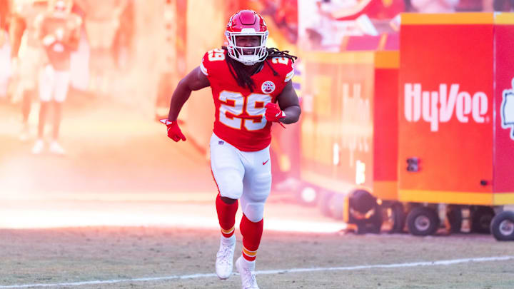 Jan 26, 2025; Kansas City, MO, USA; Kansas City Chiefs running back Kareem Hunt (29) against the Buffalo Bills in the AFC Championship game at GEHA Field at Arrowhead Stadium. Mandatory Credit: Mark J. Rebilas-Imagn Images