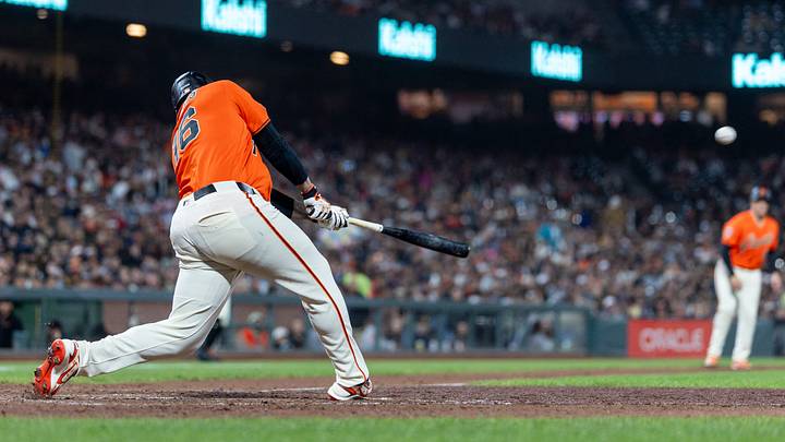Sep 11, 2026; San Francisco, California, USA; San Francisco Giants first baseman Rafael Devers (16) hits a grand slam during the fifth inning against the San Diego Padres at Oracle Park. Mandatory Credit: Bob Kupbens-Imagn Images Sep 11, 2026; San Francisco, California, USA; San Francisco Giants first baseman Rafael Devers (16) hits a grand slam during the fifth inning against the San Diego Padres at Oracle Park. Mandatory Credit: Bob Kupbens-Imagn Images
