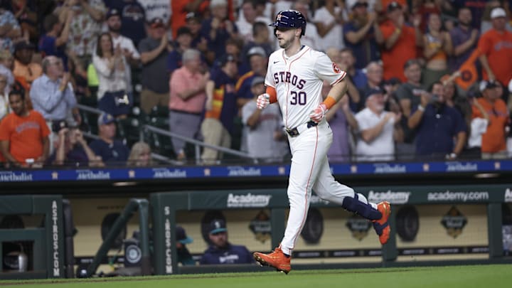 Sep 24, 2024; Houston, Texas, USA; Houston Astros right fielder Kyle Tucker (30) rounds the bases after hitting a home run against the Seattle Mariners  in the fourth inning at Minute Maid Park. 