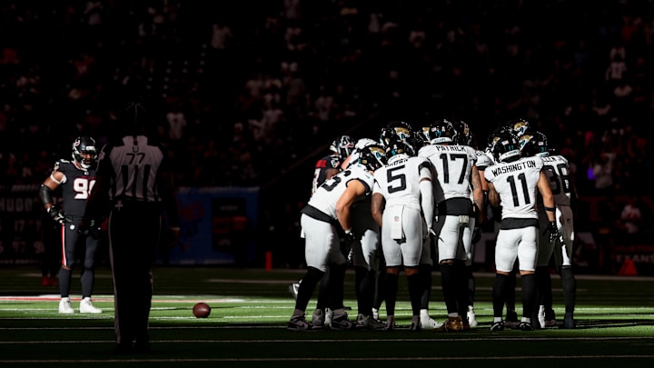 Nov 9, 2025; Houston, Texas, USA; The Jacksonville Jaguars huddle up during the second half against the Houston Texans at NRG Stadium. Mandatory Credit: Thomas Shea-Imagn Images