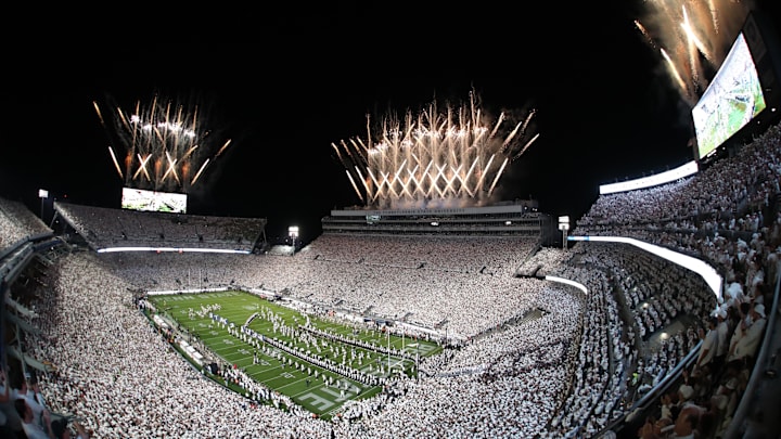 Fireworks burst over Penn State's Beaver Stadium during the 2025 White Out Game between the Nittany Lions and Oregon Ducks. 
