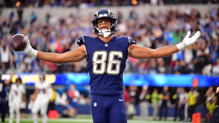 Los Angeles Chargers tight end Oronde Gadsden (86) reacts after catching a touchdown pass against the Houston Texans during the second half at SoFi Stadium. Los Angeles Chargers tight end Oronde Gadsden (86) reacts after catching a touchdown pass against the Houston Texans during the second half at SoFi Stadium.