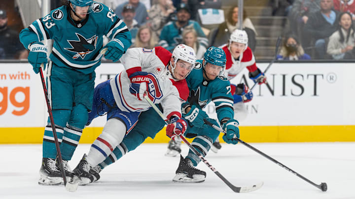 Nov 24, 2023; San Jose, California, USA; San Jose Sharks center Nico Sturm (7) and Montreal